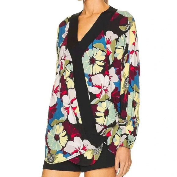 NWT $450 Smythe Viscose Blocked Kimono Floral Blouse Top Size XS with Black Trim - Picture 2 of 11